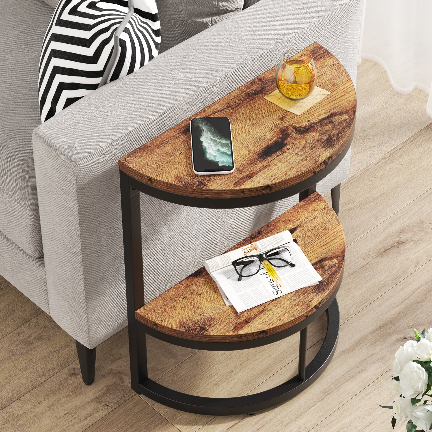 Half Round End Table with Metal Frame